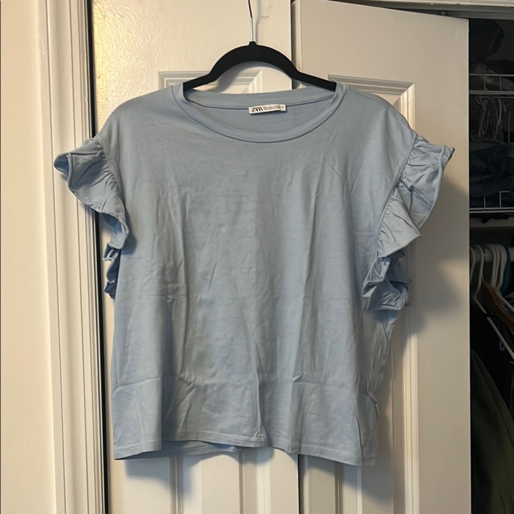 Zara Light Blue Ruffle Sleeve Top